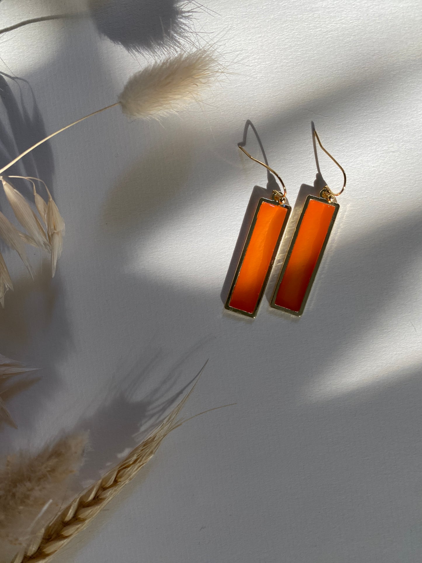 'Sunburst' Orange Resin Earrings - Rectangular