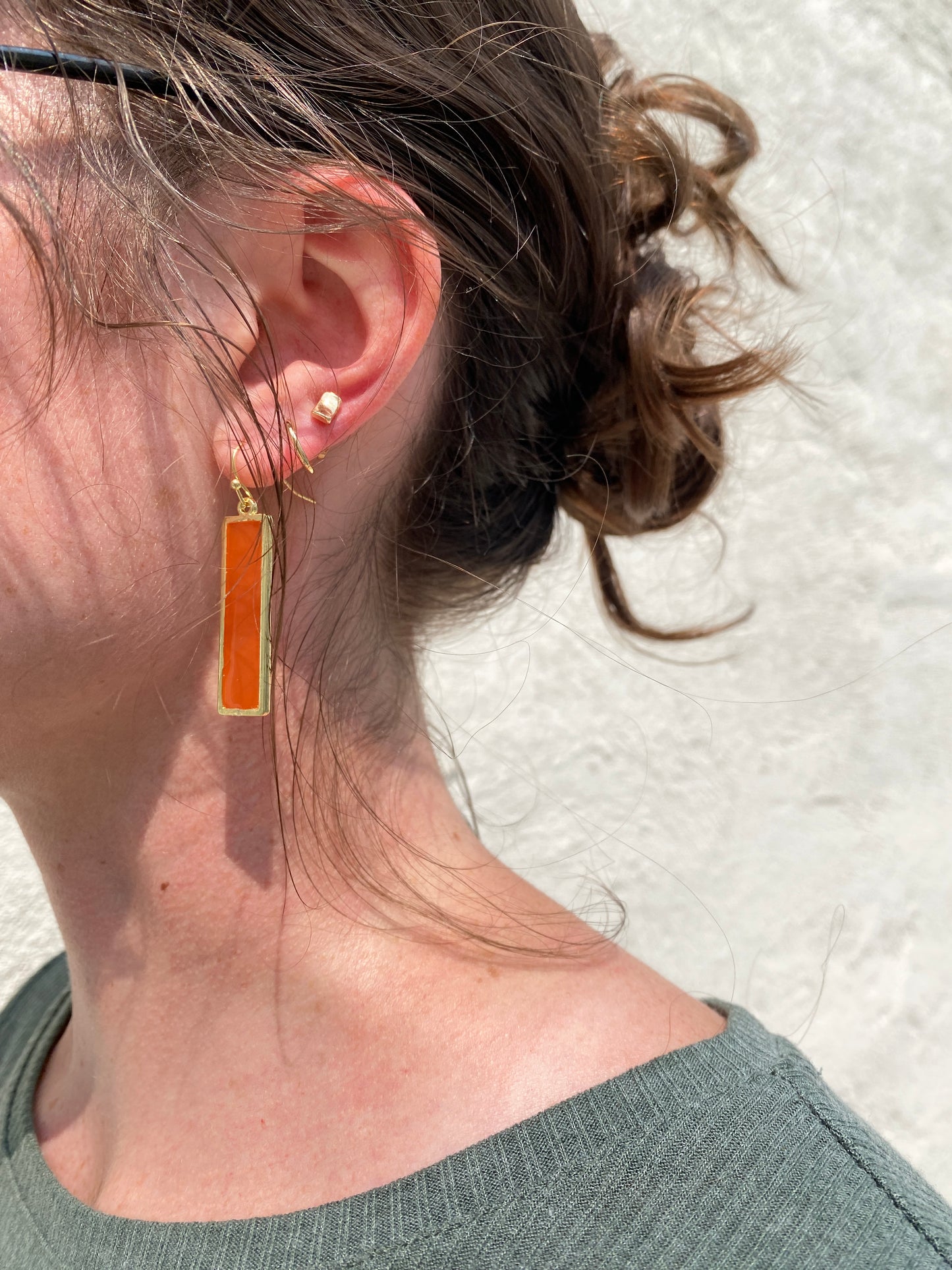 'Sunburst' Orange Resin Earrings - Rectangular