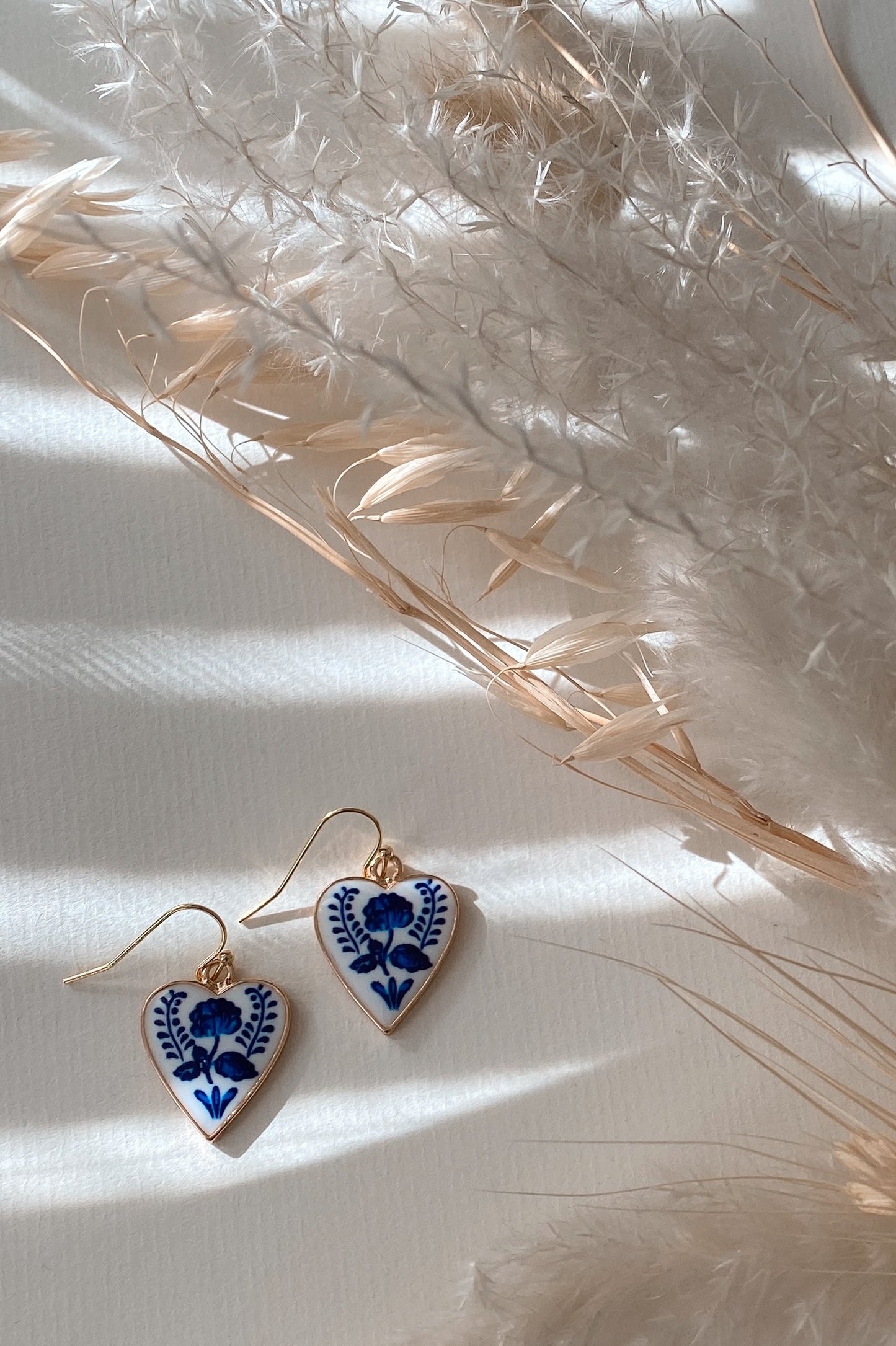 Blue and White Floral Heart Earrings