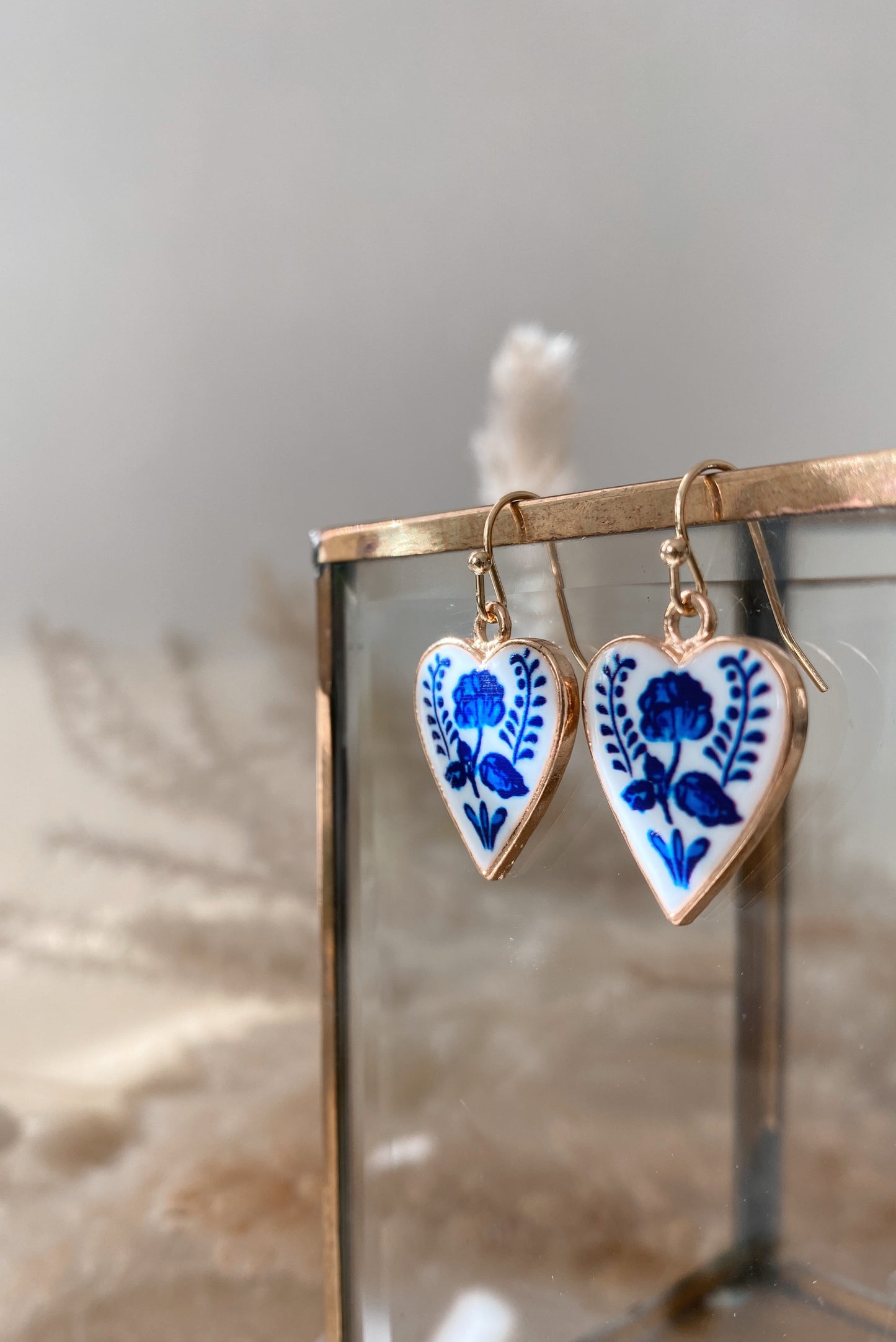 Blue and White Floral Heart Earrings