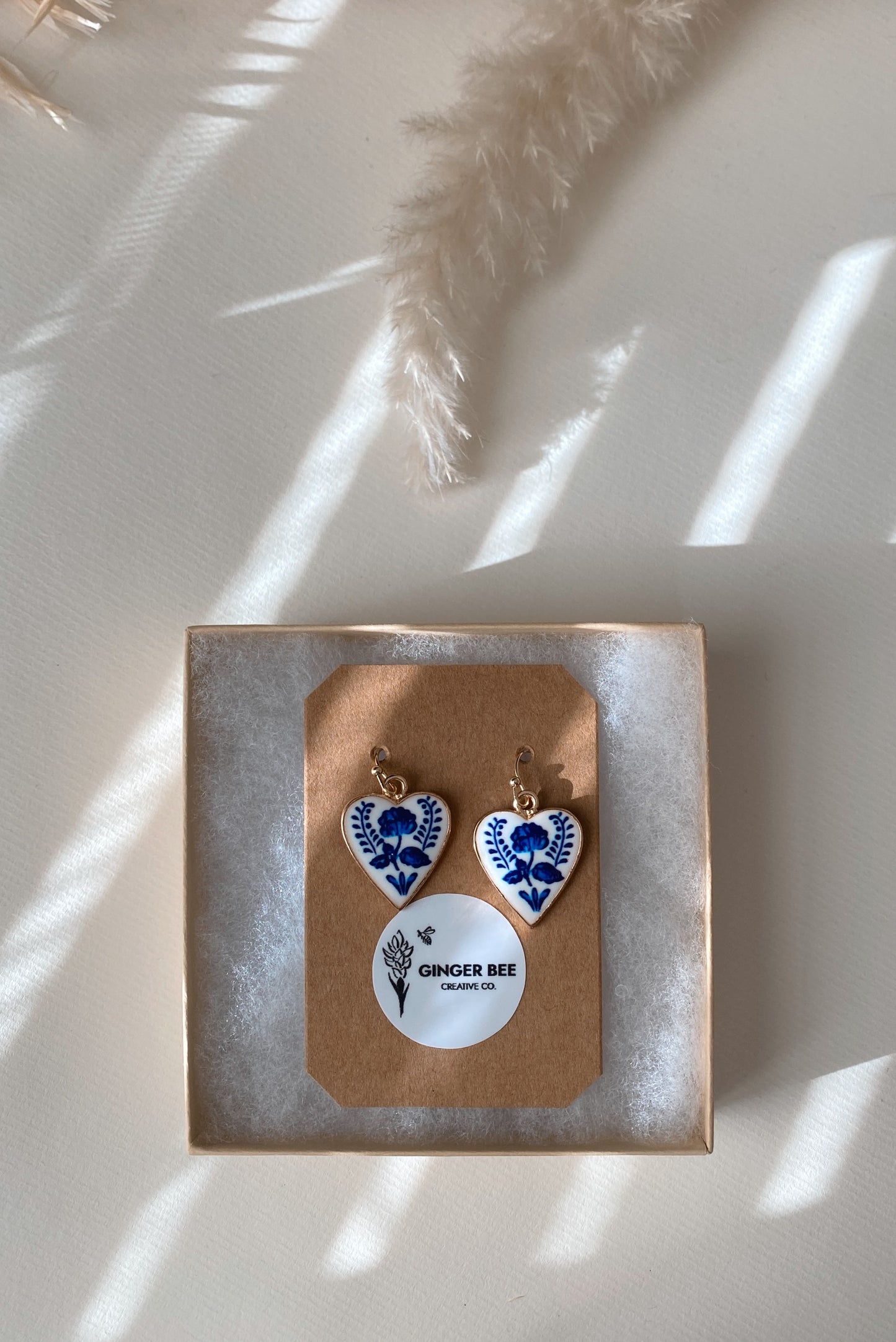 Blue and White Floral Heart Earrings